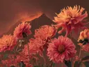 Schilderij van oranje dahlia's met een uitbarstende vulkaan