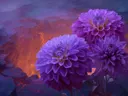 Schilderij van paarse dahlia's tussen rotsen met gloeiend licht