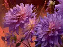 Schilderij van paarse dahlia's boven gloeiende lava