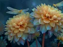 Schilderij van gouden dahlia's met libellen in avondlicht