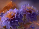 Schilderij van paarse dahlia's met een gloeiende berg op de achtergrond