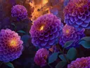Schilderij van paarse dahlia's tegen een kolkende vuurachtergrond