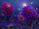 Schilderij van paarse dahlia's met lichtgevende libellen bij volle maan