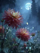 Schilderij van oranjerode dahlia's in een maanverlicht bos met vlinders