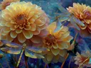Schilderij van dahlia's met meerdere libellen in nachtblauw licht