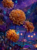 Schilderij van gouden dahlia's met lichtgevende vlinders in het bos