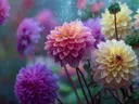 Schilderij van dahlia's met regendruppels op de bloemblaadjes