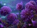 Schilderij van paarse dahlia's met glinsterende vlinders onder een sterrenhemel