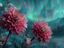 Schilderij van dahlia's met vlinders onder een noorderlicht met bergen