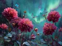 Schilderij van roze dahlia's en blauwe vlinders onder het noorderlicht.