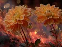 Schilderij van oranje dahlia's op rotsen met sterrenlicht op de achtergrond