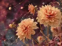 Schilderij van perzikkleurige dahlia's met planeten en sterren op de achtergrond