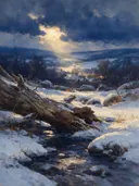 Besneeuwd heuvellandschap in de sneeuw, schilderij