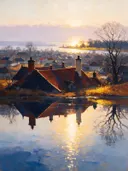 Landschapsschilderij, daken en schoorstenen in late herfst