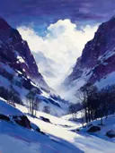 Landschapsschilderij, dal tussen twee bergwanden in de sneeuw