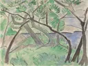 Dalmatinische Landschaft van Otto Mueller: landschap met bomen, zee, kust en struiken, in licht groen en blauw