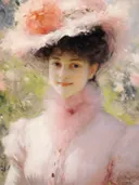 Portretschilderij van vrouw met roze bontkraag tussen rozen