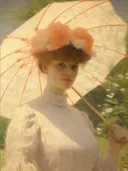 Portretschilderij van vrouw met witte parasol en bloemenhoed