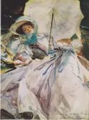 Dame mit Sonnenschirm 1900 van John Singer Sargent: portret met vrouw, parasol, witte jurk en liggend, in wit en zacht paars