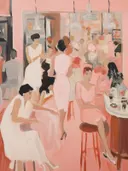 Art Deco-stijl groepsscène van dames in jurken en hoeden in een roze salon.