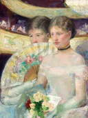 Impressionistisch schilderij van twee vrouwen in een theaterloge met bloemen