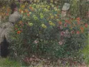Dames tussen de bloemen van Claude Monet: stilleven met vrouw en bloemen