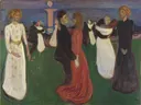 Dance of Life van Edvard Munch: figuren met dansen, paren, gras en maan, in groen, rood en wit