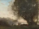 Dance under the Trees at the Edge of the Lake van Jean-Baptiste-Camille Corot: landschap met bomen, dans, meer en figuren, in gedempt groen en grijs