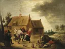 Dansende boeren van Abraham Teniers: figuren met feest en huizen