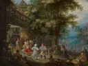 Dansende boeren voor een Boheemse herberg van Roelant Savery: figuren met dans, boeren, herberg en dorp, in warm bruin met groen