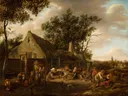 Dansende boeren voor een herberg van Jan Steen: figuren met dans, boeren, herberg en boerderij, in warm bruin met blauwe lucht