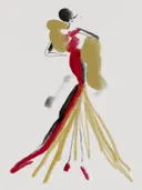 Illustratie van een dansende vrouw in een rode en gouden jurk.
