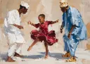 Schilderij van twee mannen die dansen met een meisje in een rode jurk