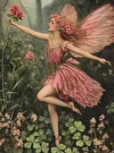 Dansende fee in roze jurk met een tak rozen in het bos