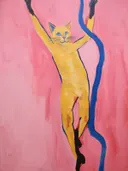Surrealistische afbeelding van een geel kat-mens hybride figuur tegen een roze achtergrond