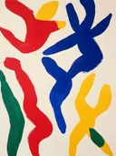 Abstract schilderij met dansende kleurvormen in primaire kleuren