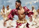 Schilderij van een dansende man in bordeauxrode en gouden kleding