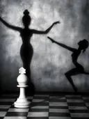 Schaduwfiguren van dansende vrouwen bij schaakstuk