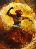 Dansende vrouw in oranje jurk tegen gouden achtergrond