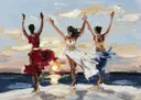 Schilderij van drie dansende vrouwen op het strand bij zonsondergang