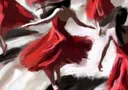 Schilderij van vrouwen die dansen in rode jurken met wapperende rokken