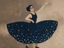 Schilderij van danseres in nachtblauw en goud, in vlakke kleurvlakken