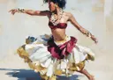 Schilderij van een dansende vrouw in rode top met witgouden rok