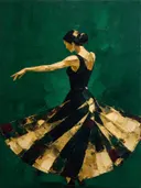Danseres, olieverf in donker smaragd en zwart, schilderachtig olieverf schilderij, danseres
