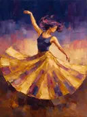 Schilderachtig olieverf schilderij, danseres in gouden uur