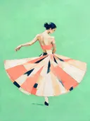 Schilderachtig olieverf schilderij, danseres in munt en koraal