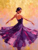 Danseres, olieverf in paars en goud, schilderachtig olieverf schilderij, danseres
