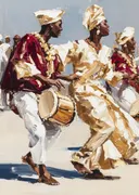 Dansers in gouden gewaden met begeleidende trommelaar