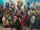 Dansers met veren en maskers tijdens een feest