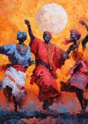 Dansende feestvierders onder een volle maan